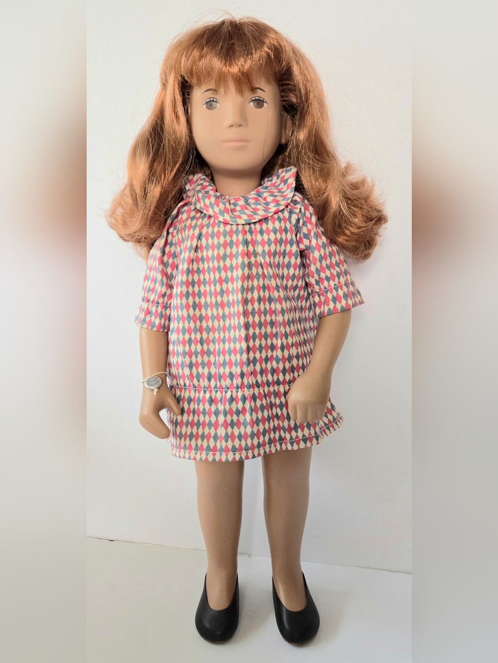 REDHEAD SASHA DOLL WITH HARLEQUIN PRINT DRESS, 17", LONG RED HAIR, ENGLAND
